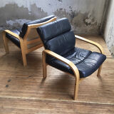 Danish sofa and armchairs curved wood and leather