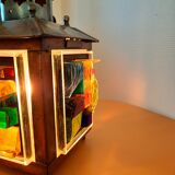 Copper lantern table lamp and 60s multicolored glasses