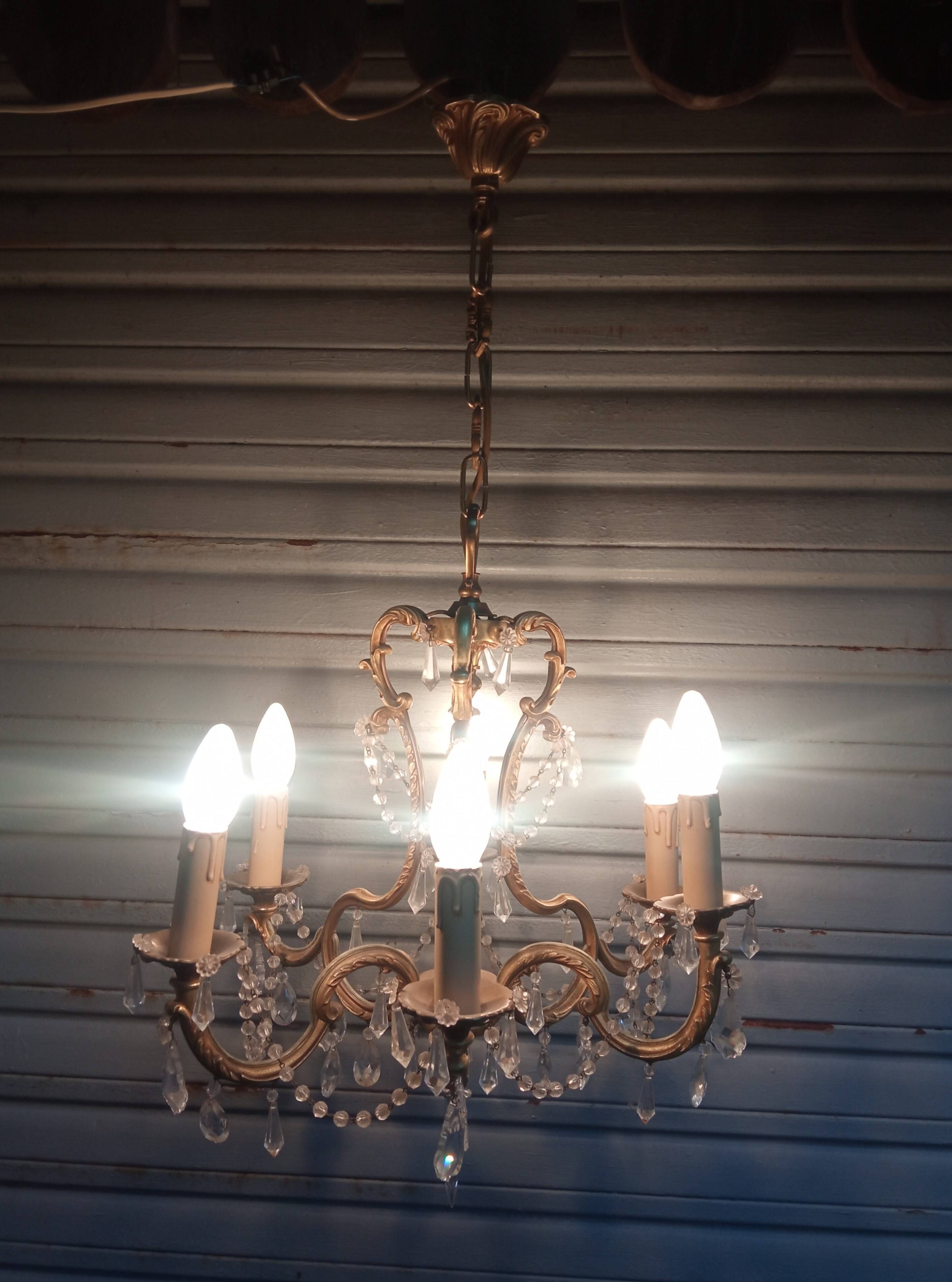 Antique cage chandelier in gilded bronze and crystal, 6 lights / working condition l gau