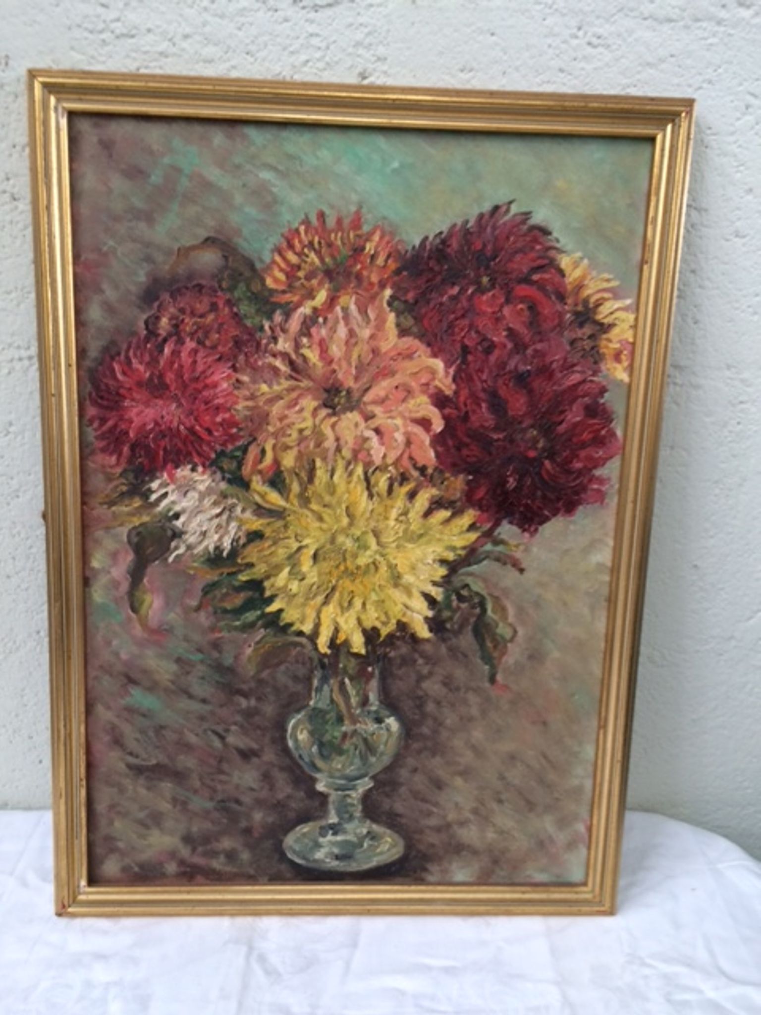 Table, the bouquet of Dahlias, on wood, framed