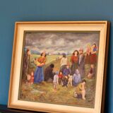 Peinture à l’huile moderniste suédoise originale « Paysage avec des gens » de Tage Rhodin (1899-1983). - Encadré