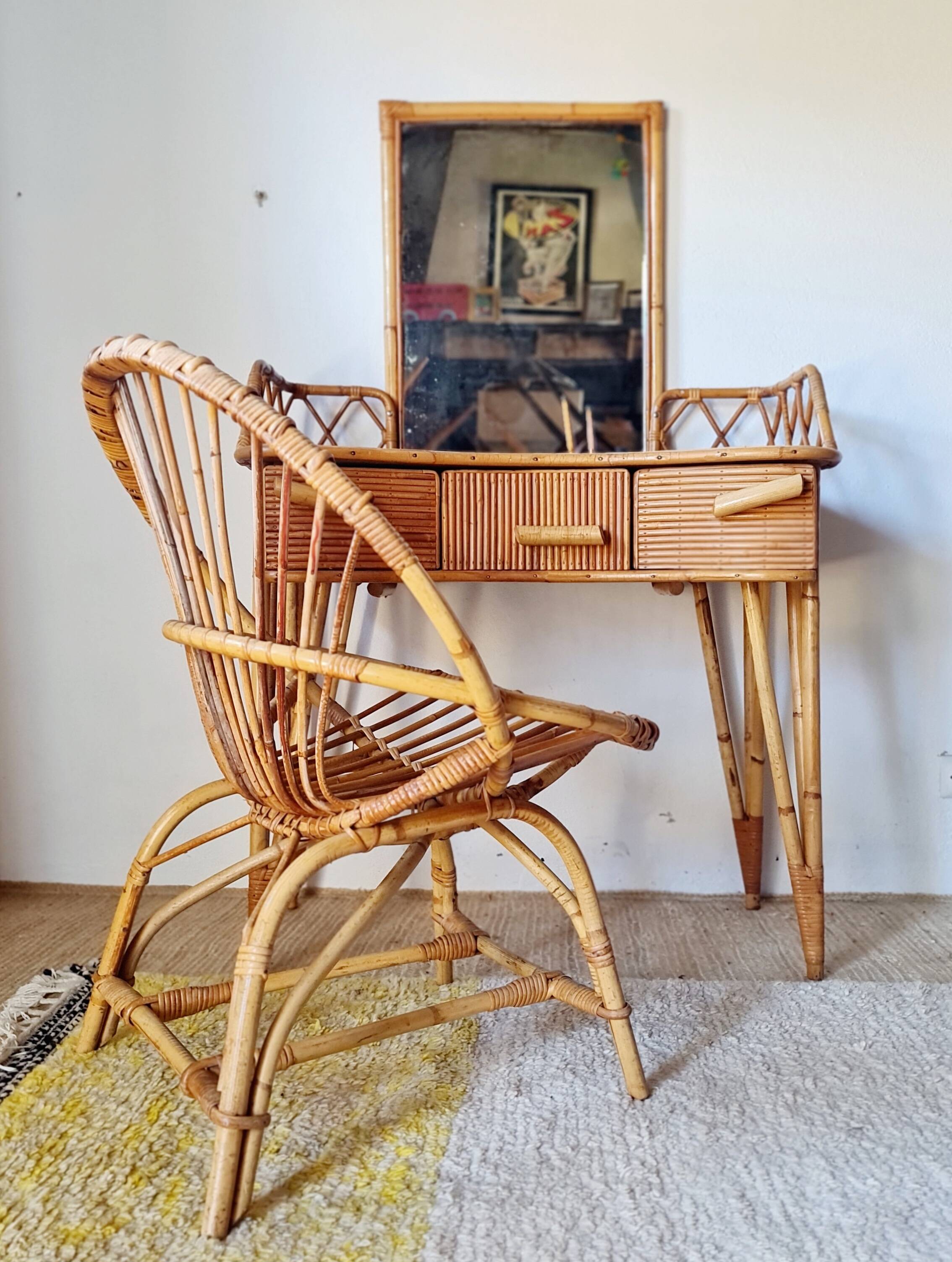 Rattan and bamboo dressing table with mirror – 1960s