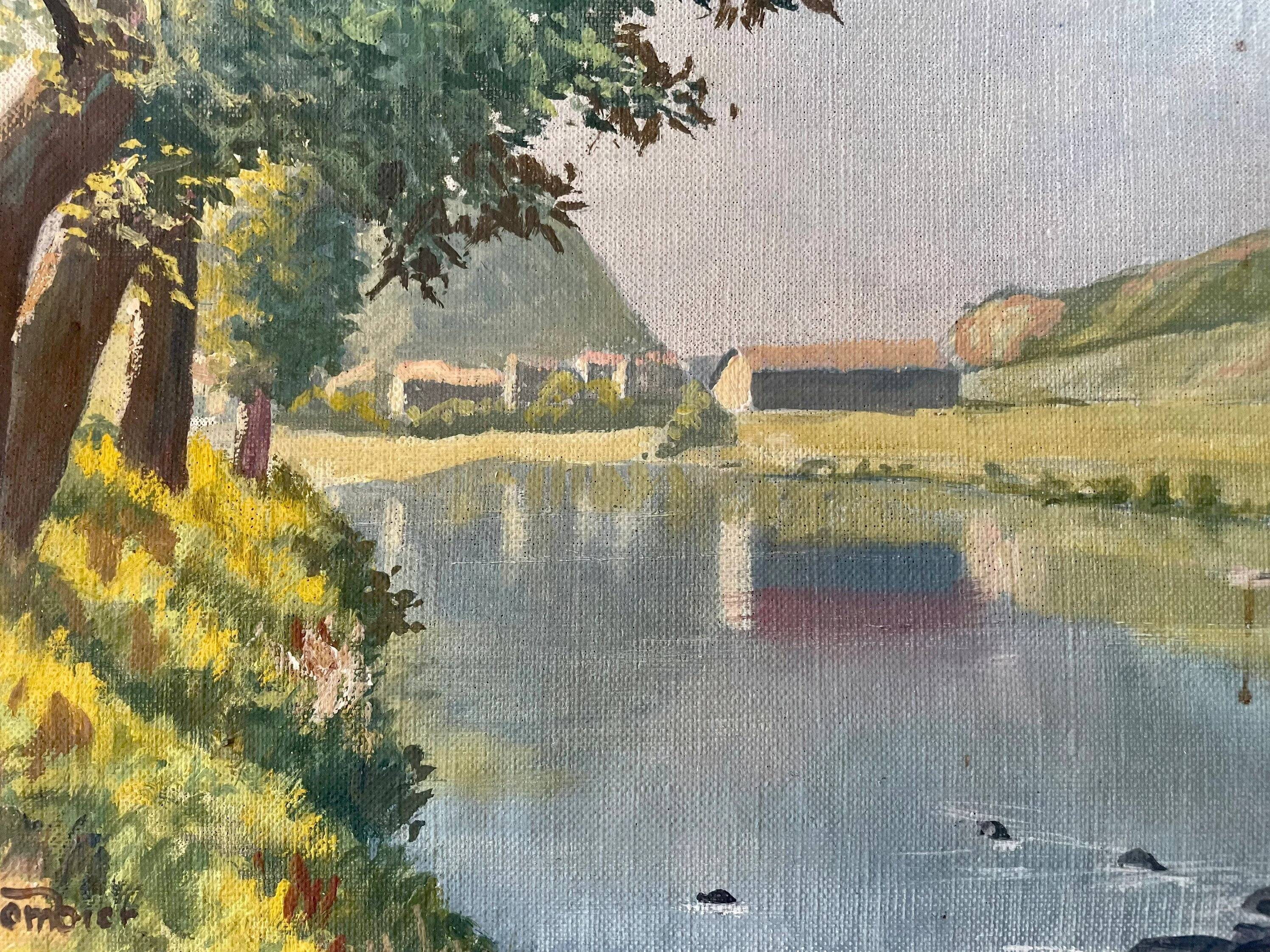 Old oil painting village river landscape canvas with wooden frame