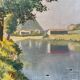 Old oil painting village river landscape canvas with wooden frame