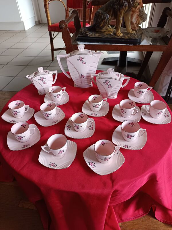 Service à café rose Art Déco Victoria Porzellan Bohême – 12 tasses – années
