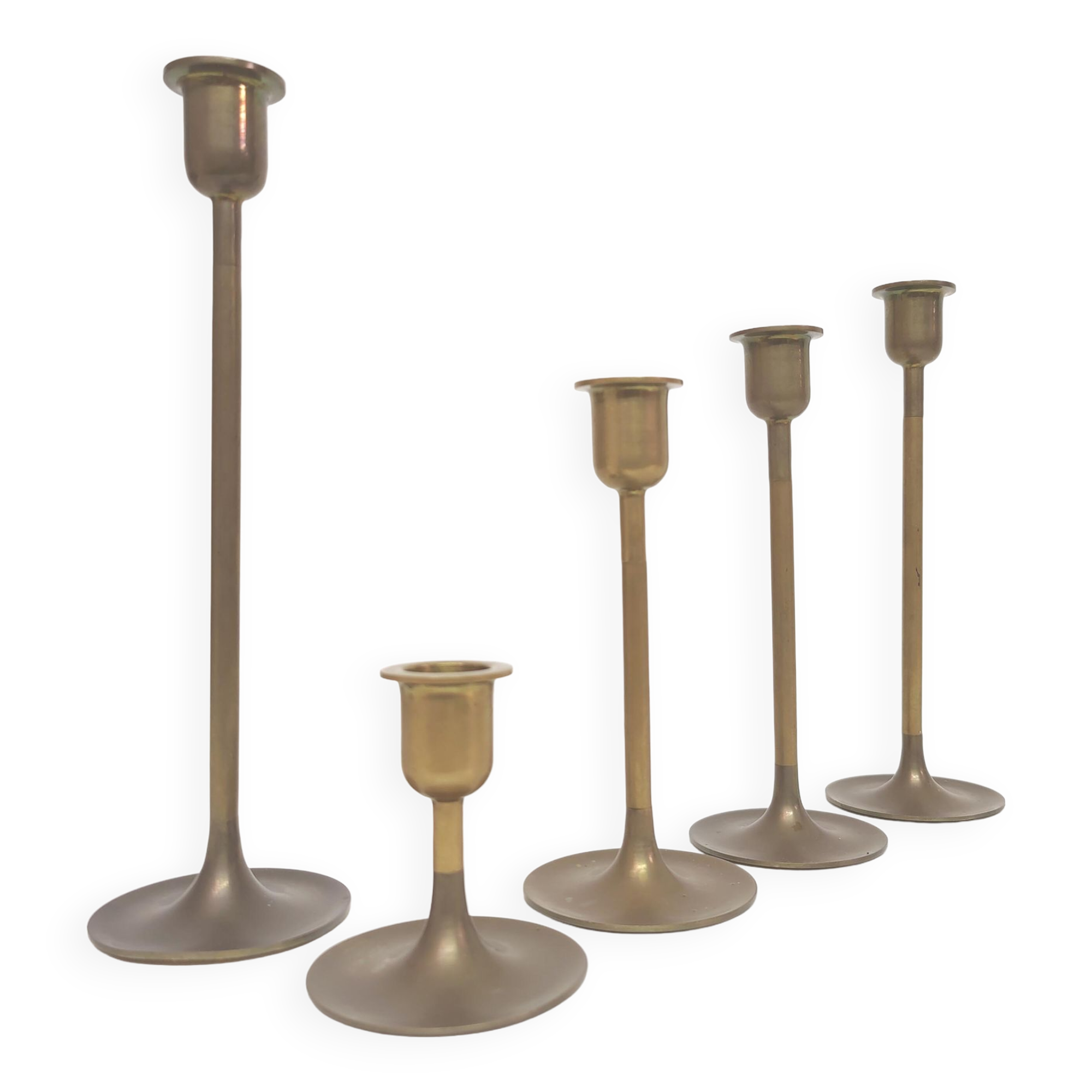 Set of 5 Scandinavian brass candlesticks 1960