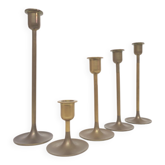 Set of 5 Scandinavian brass candlesticks 1960