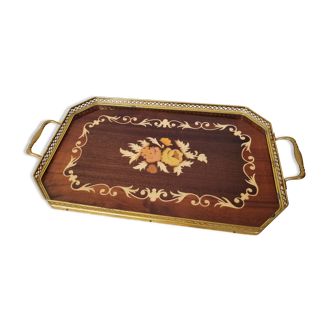 Plateau marqueterie et métal doré vintage