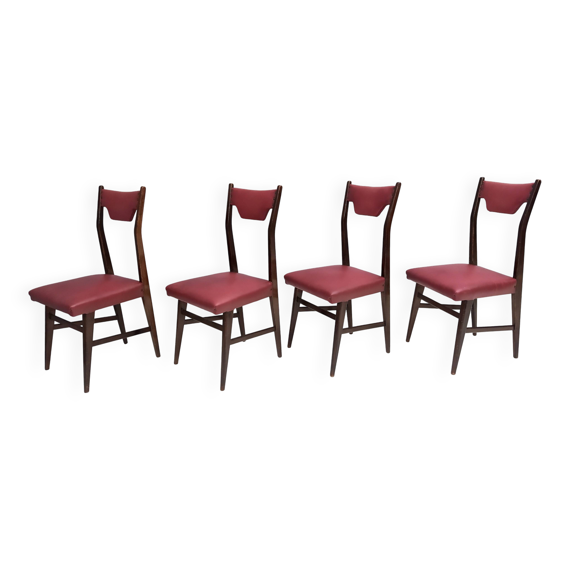 Set of Four Vintage Ebonized Beech and Crimson Skai Dining Chairs, Italy