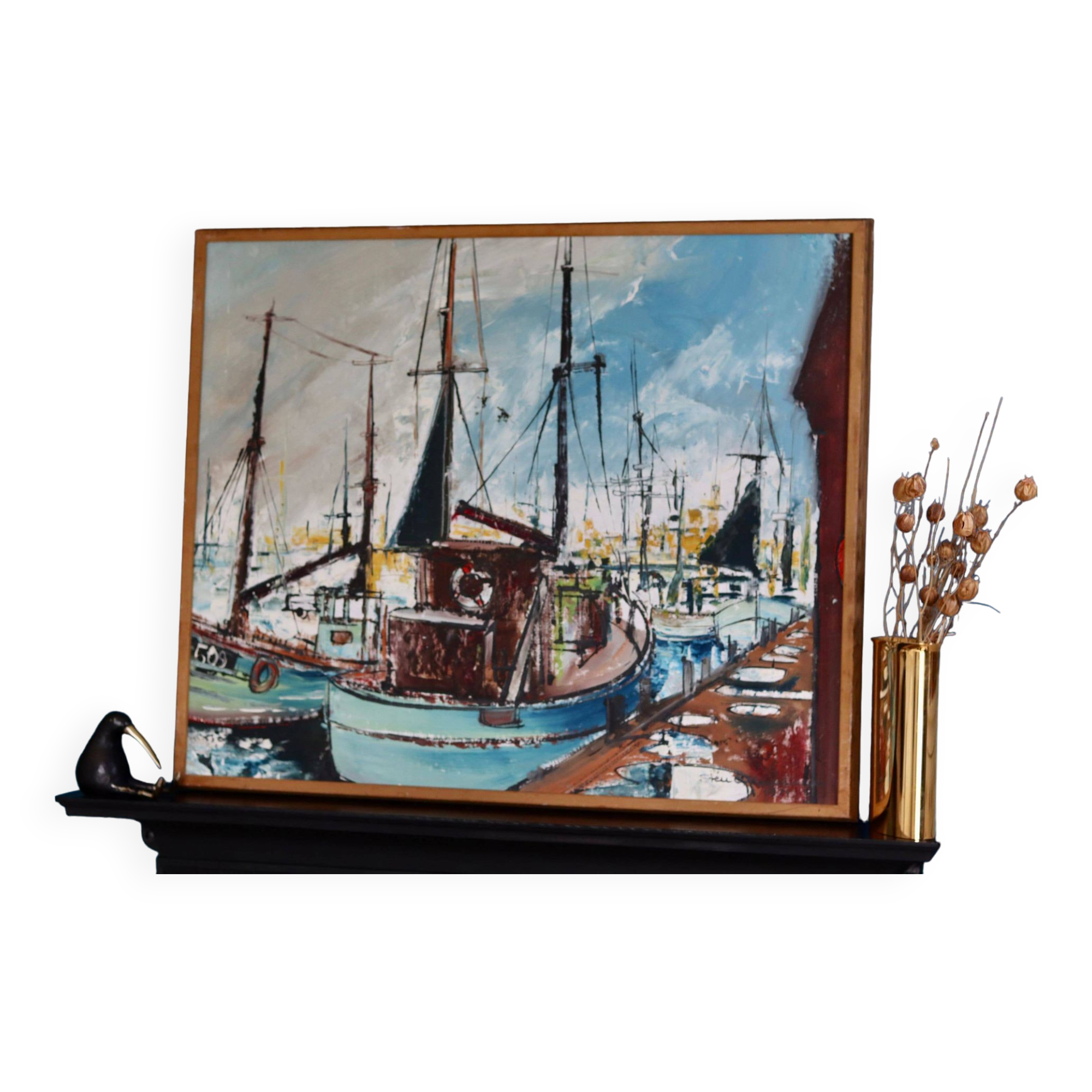 Original Swedish oil on canvas from the mid-century "Marina" by Steu (1971) - Framed