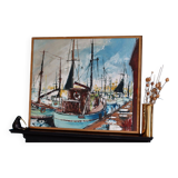 Huile sur toile originale suédoise du milieu du siècle « Marina » de Steu (1971) - Encadrée