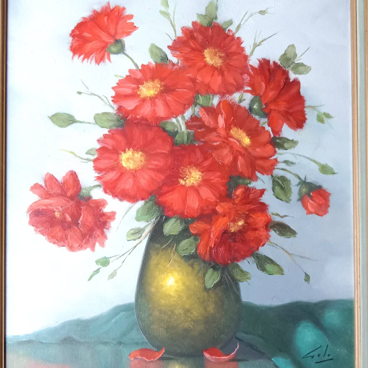 Bouquet of Red Flowers Still Life Canvas signed Golden Frame 54 x 62 cm