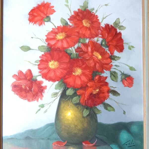 Bouquet de Fleurs Rouges Nature Morte Toile signée Cadre Doré 54 x 62 cm