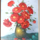 Bouquet of Red Flowers Still Life Signed Canvas Gold Frame 54 x 62 cm