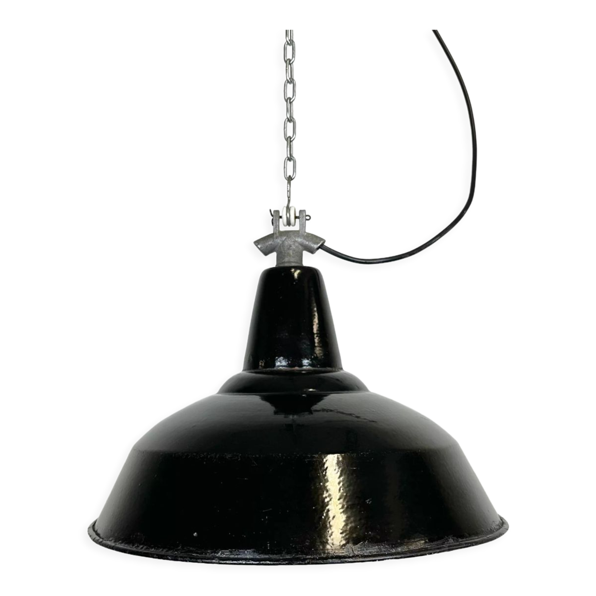 Industrial Black Enamel Factory Lamp with Cast Iron Top, 1960s