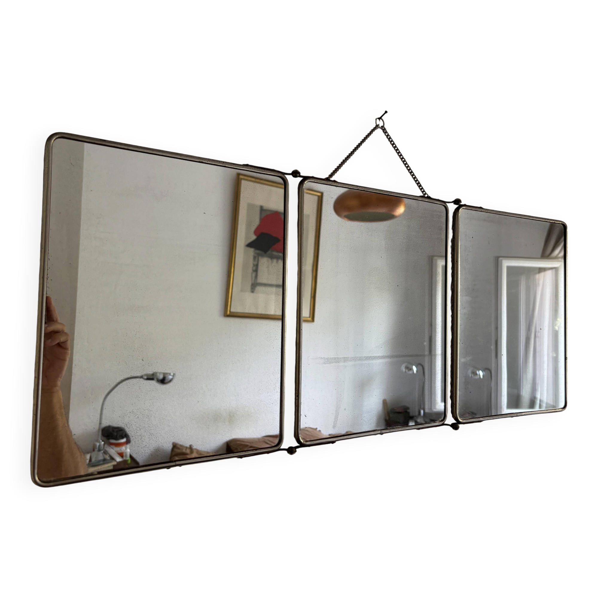 Miroir triptyque de barbier en simili cuir bleu, 1950