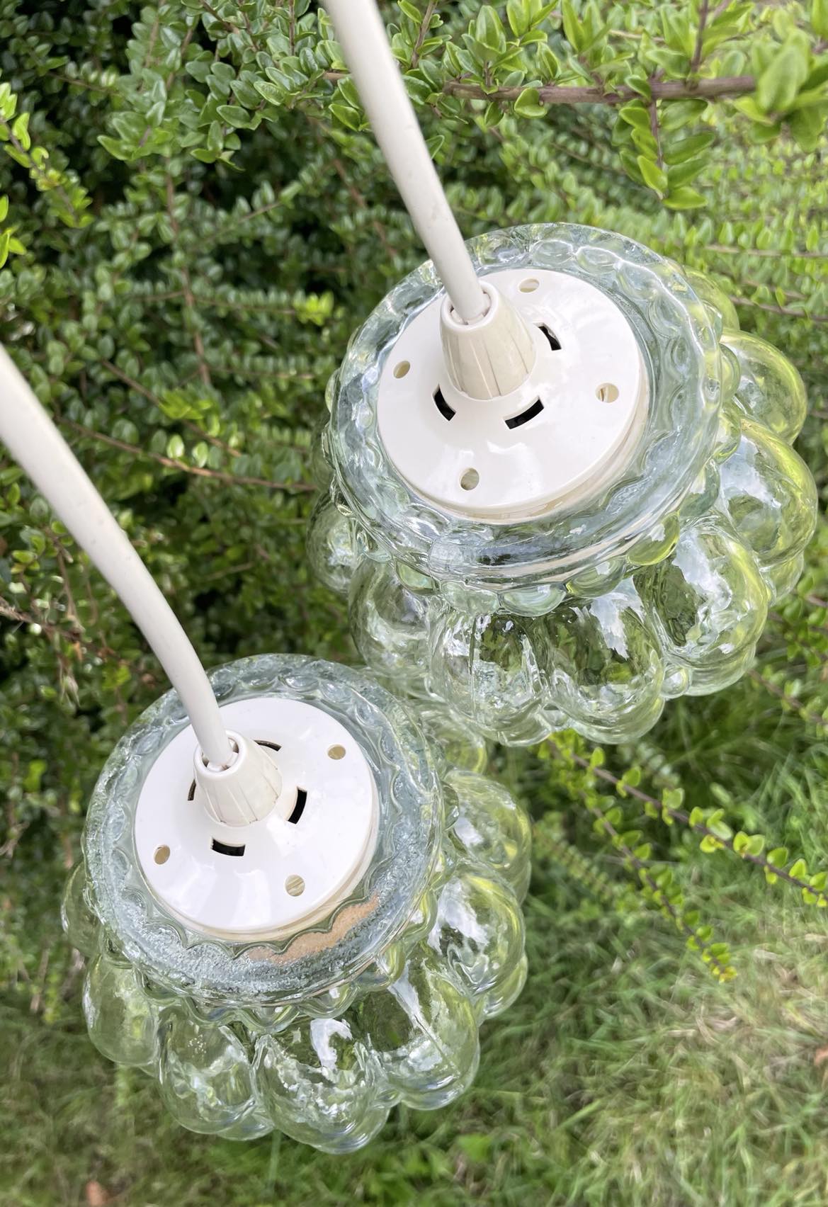 Pair of Bubble Pendant Lamps in Amber Glass Vintage 70s