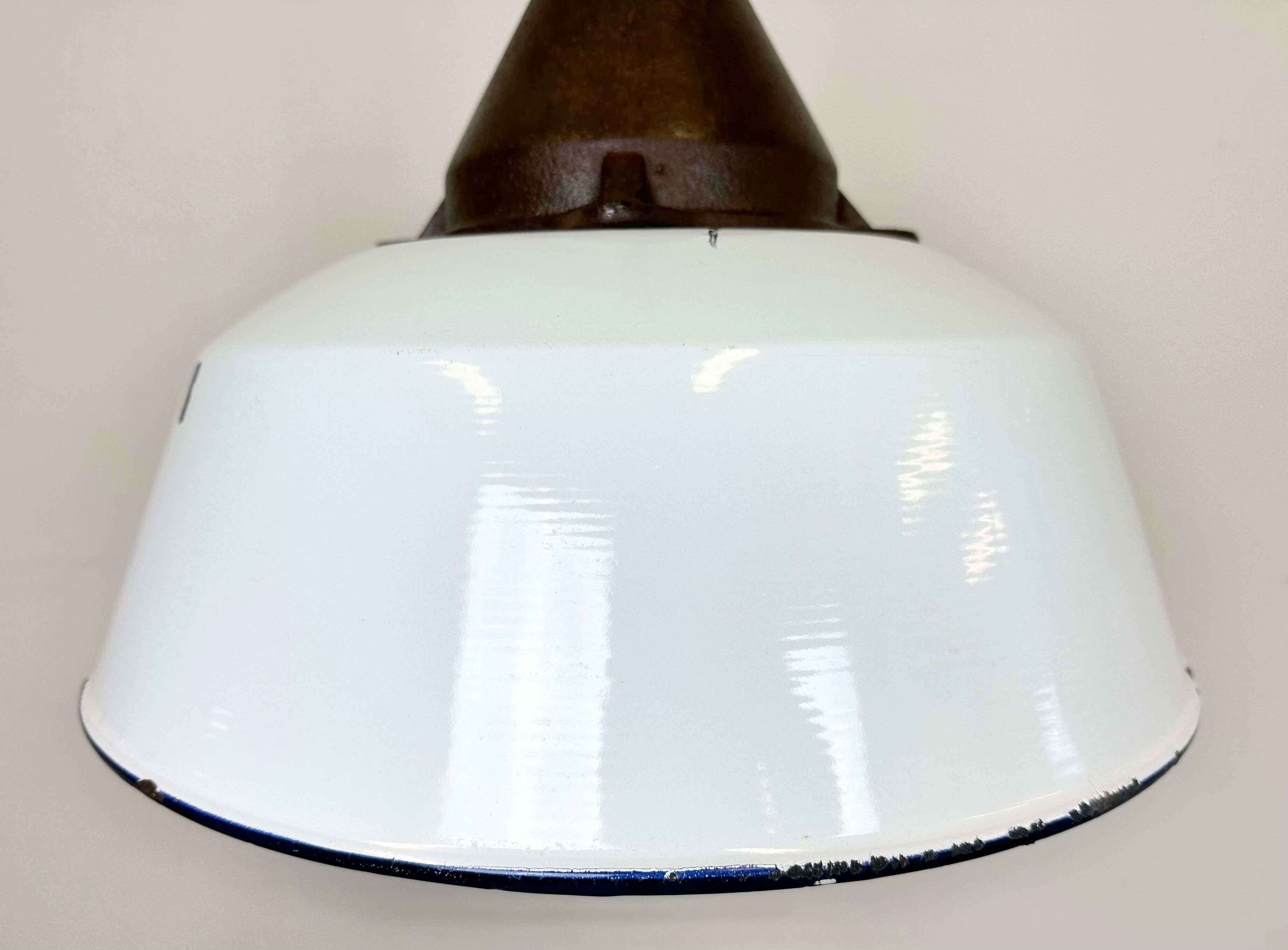 Industrial White Enamel and Cast Iron Pendant Light, 1960s