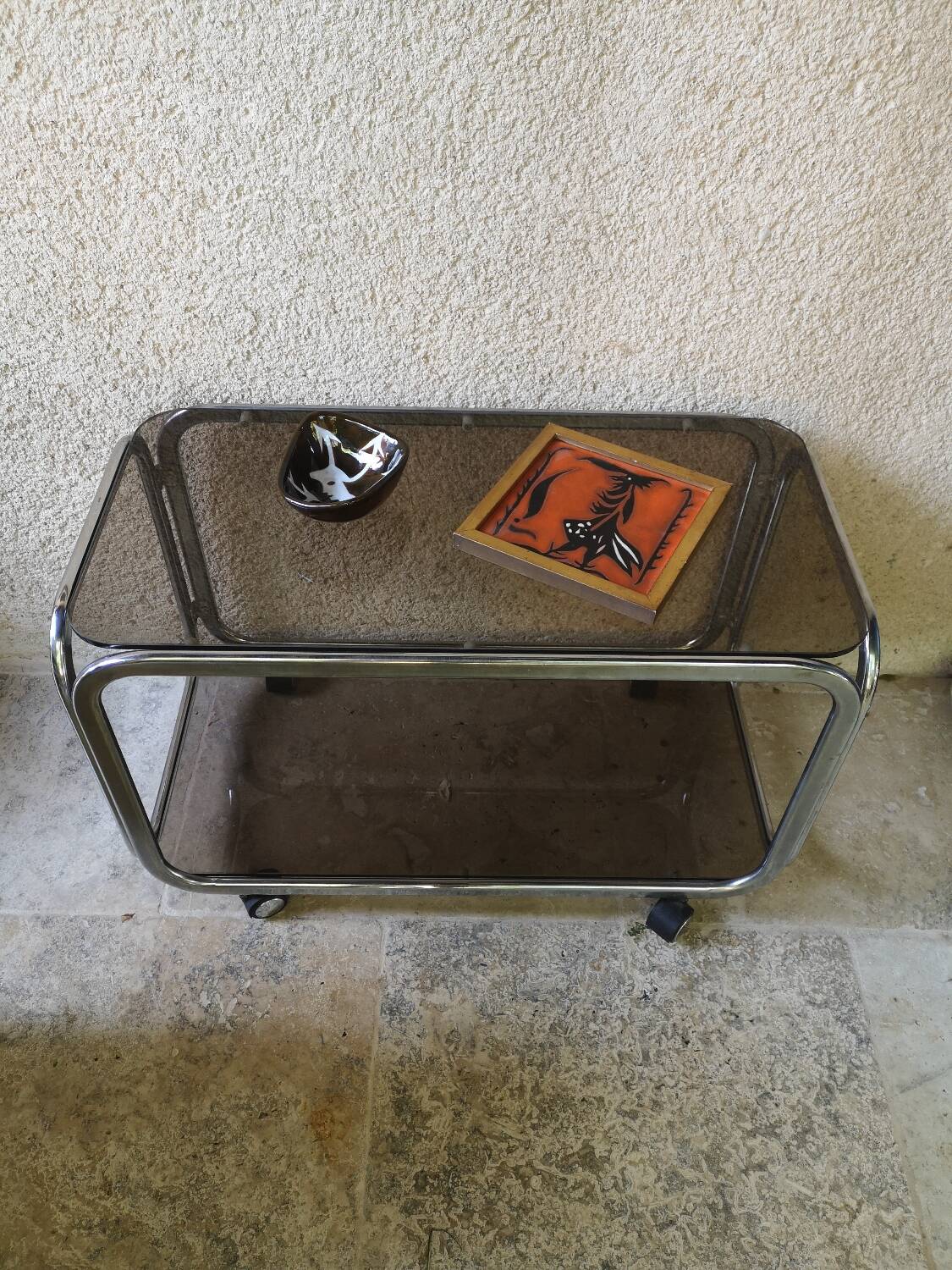 Trolley, hifi table. Smoked silver metal glass 60's
