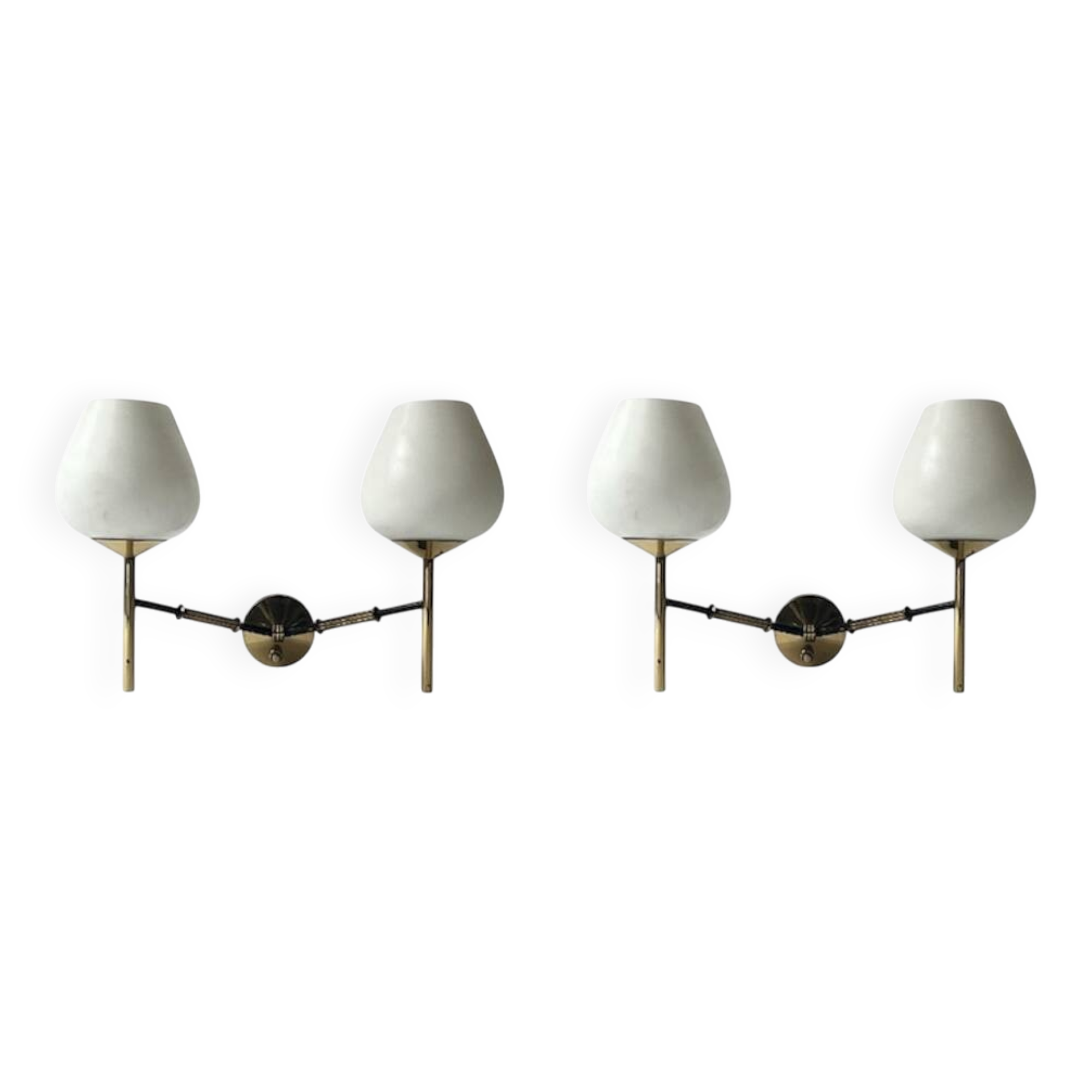 2 double wall lights in brass and white opaline glass, Arlus design 1950