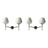 2 double wall lights in brass and white opaline glass, Arlus design 1950
