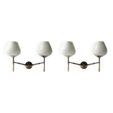 2 Appliques double en laiton et verre opaline blanche, Arlus design 1950