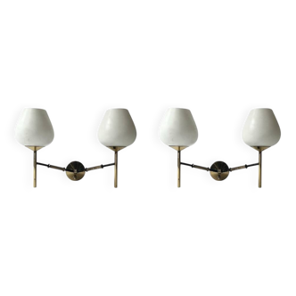 2 double wall lights in brass and white opaline glass, Arlus design 1950
