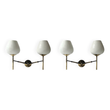 2 double wall lights in brass and white opaline glass, Arlus design 1950