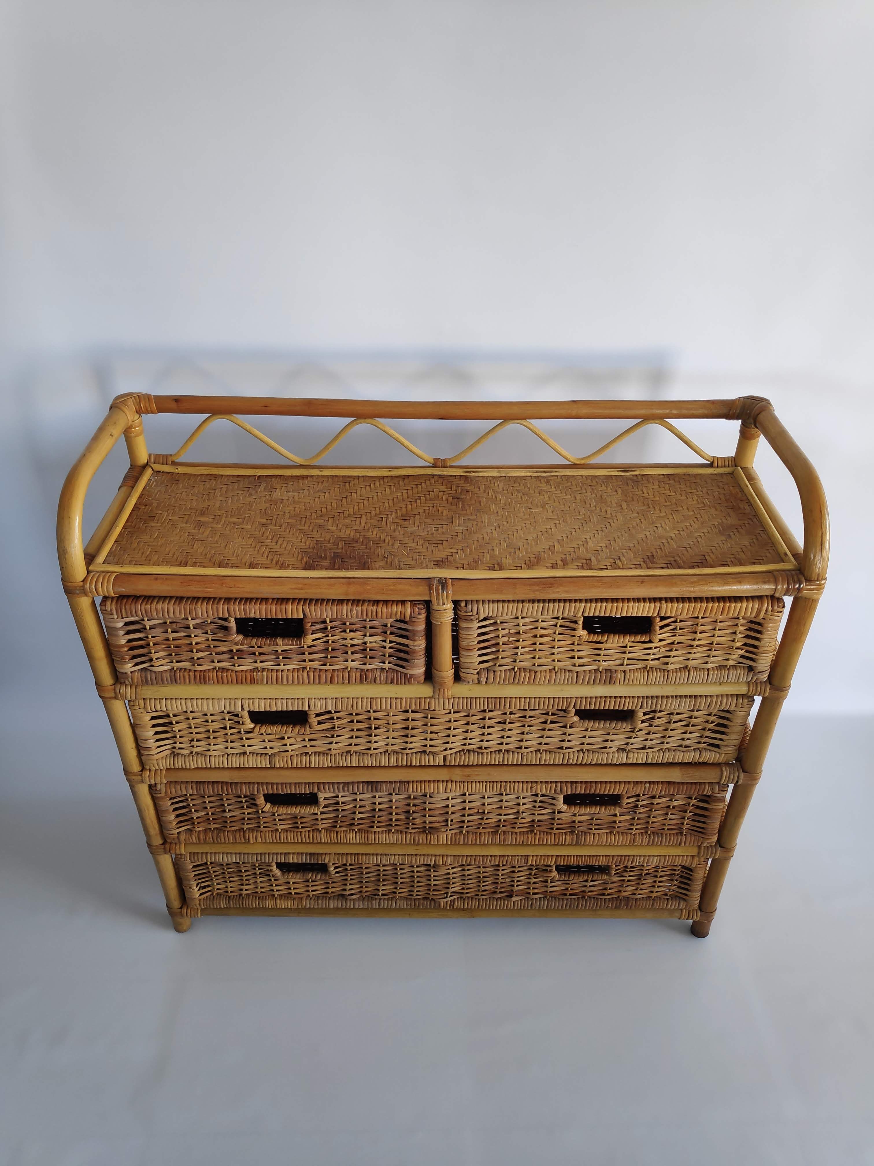 Chest of drawers vintage rattan and wicker of the 1970s