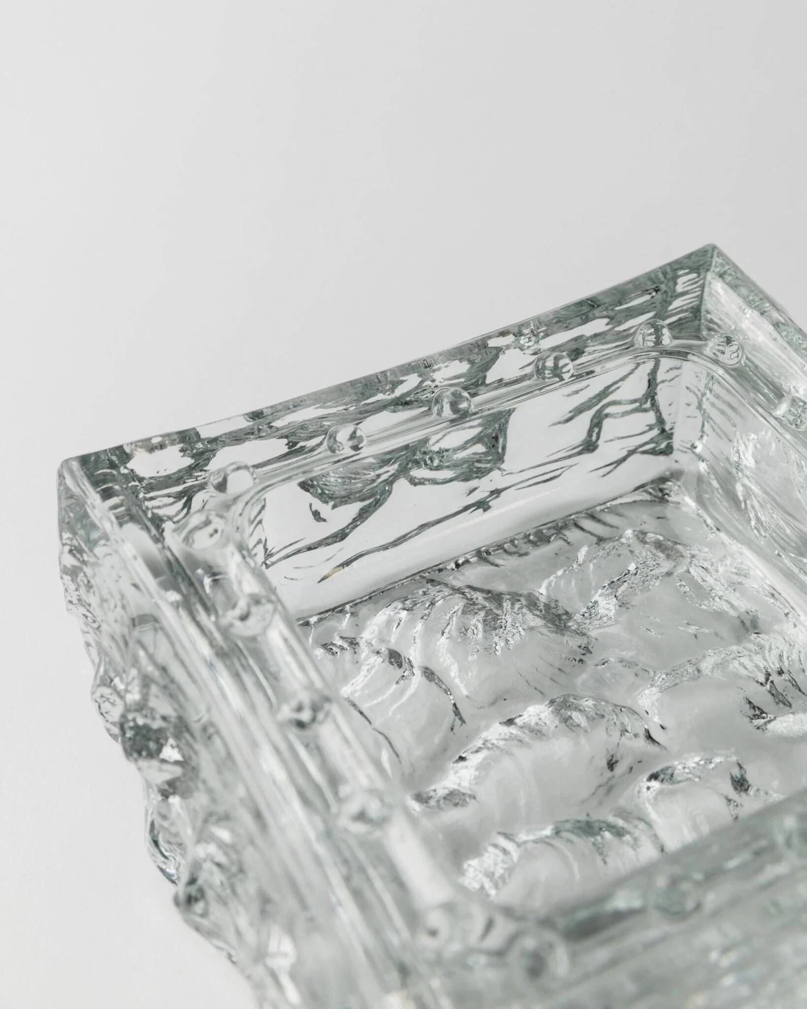 Large Vintage Murano Glass Ashtray - Transparent Glass with Ice Texture, Italian 1970s Design