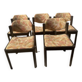 5 chaises en bois et tissu, années 60-70