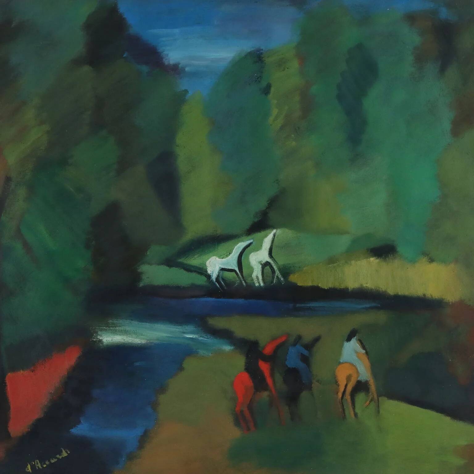 Modern painting signed by Gian Rodolfo D'Accardi "Ride in the Woods" 1955