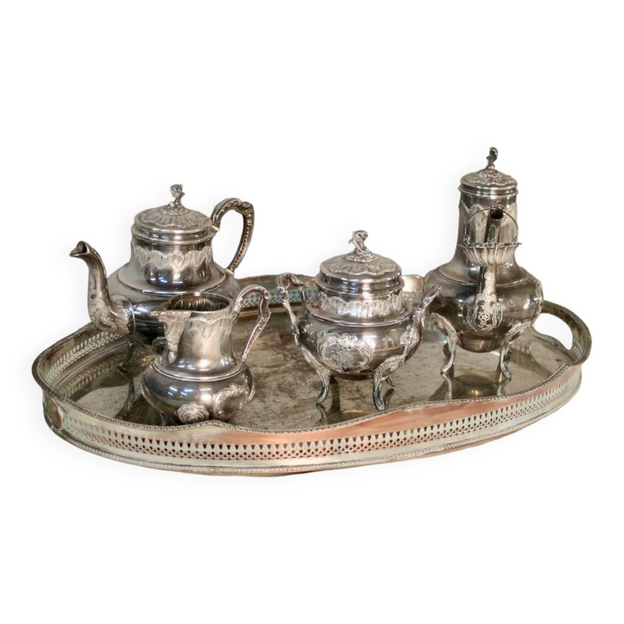 Coffee or tea service monogrammed cr silver metal
