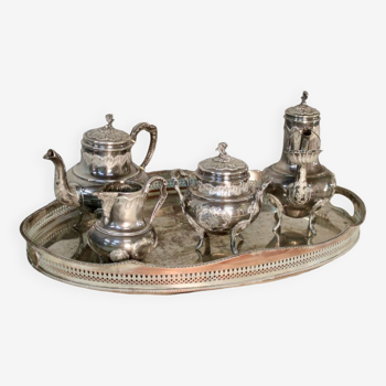 Coffee or tea service monogrammed cr silver metal
