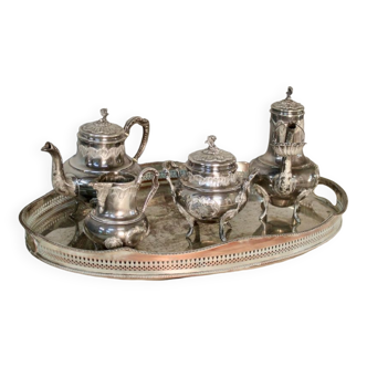 Coffee or tea service monogrammed cr silver metal