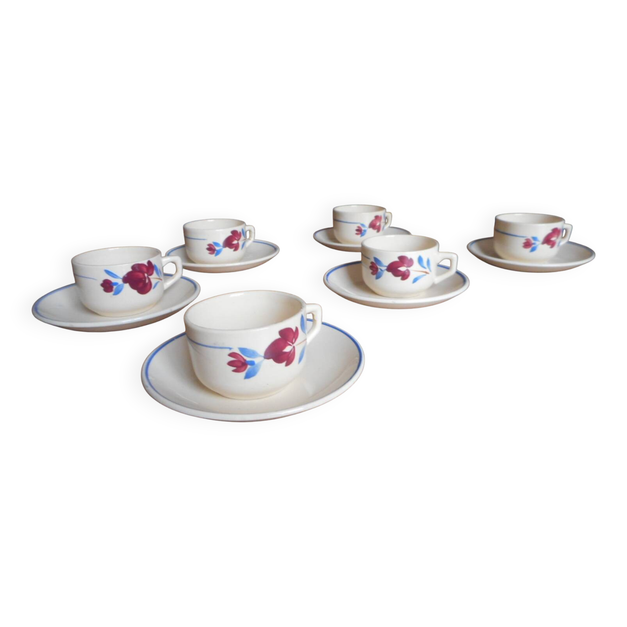 6 vintage Lunéville cups with saucers