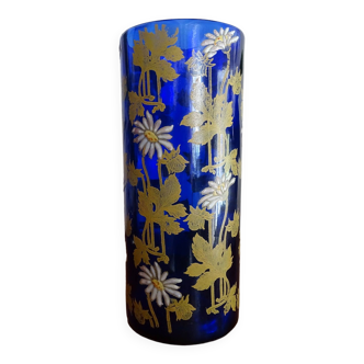 Ancien vase rouleau Legras bleu cobalt émaillé fleurs marguerites