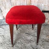 Ancien Tabouret Moumoute Rouge + Pieds Compas Bois Vintage