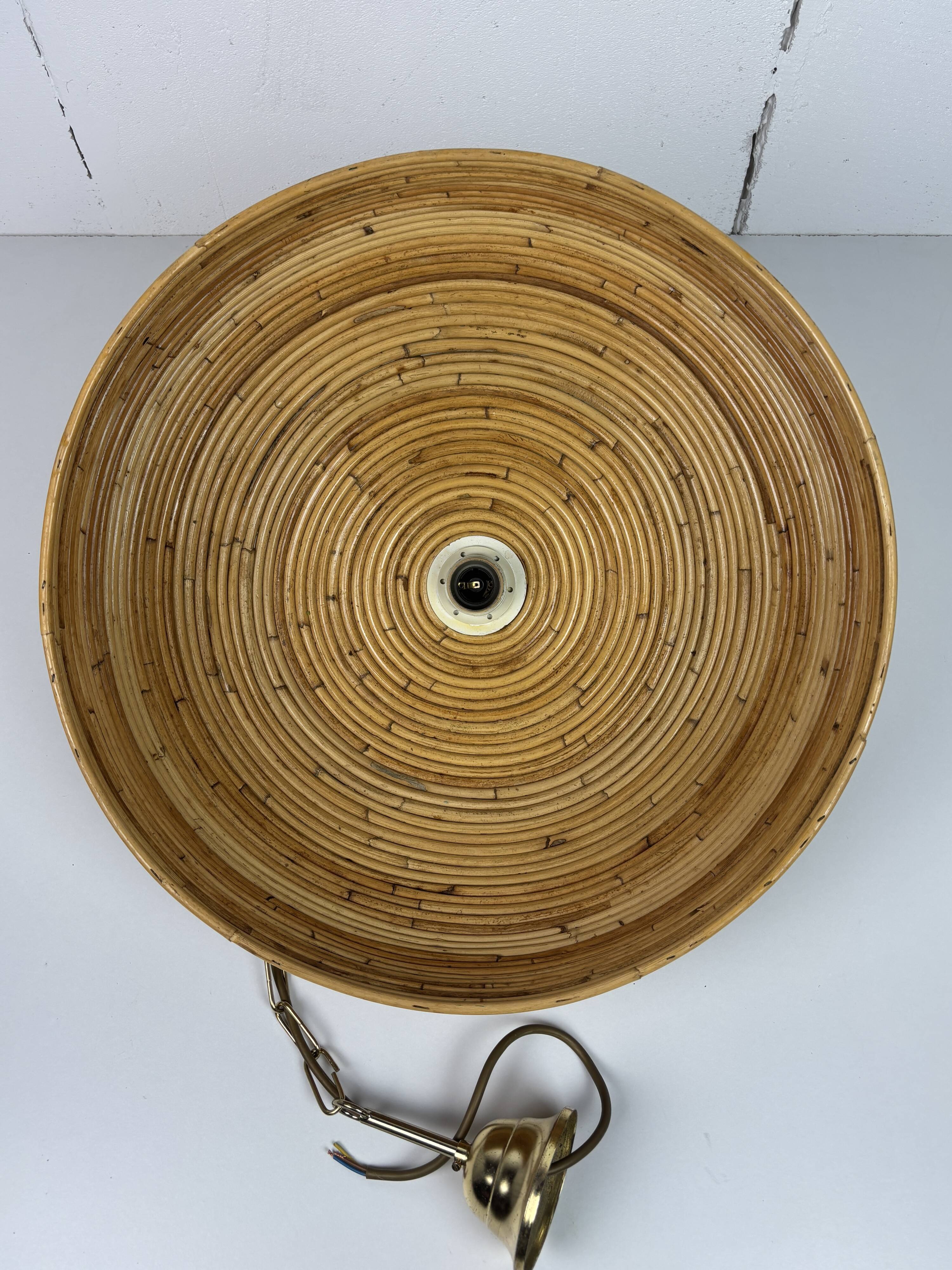 Midcentury Pencil Reed, Rattan, Bamboo and Brass Pendant Hanging Lamp, 1970