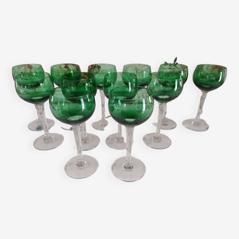 Set of 12 wine glasses stamped Saint-Louis drinking forest green