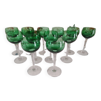 Set of 12 wine glasses stamped Saint-Louis drinking forest green