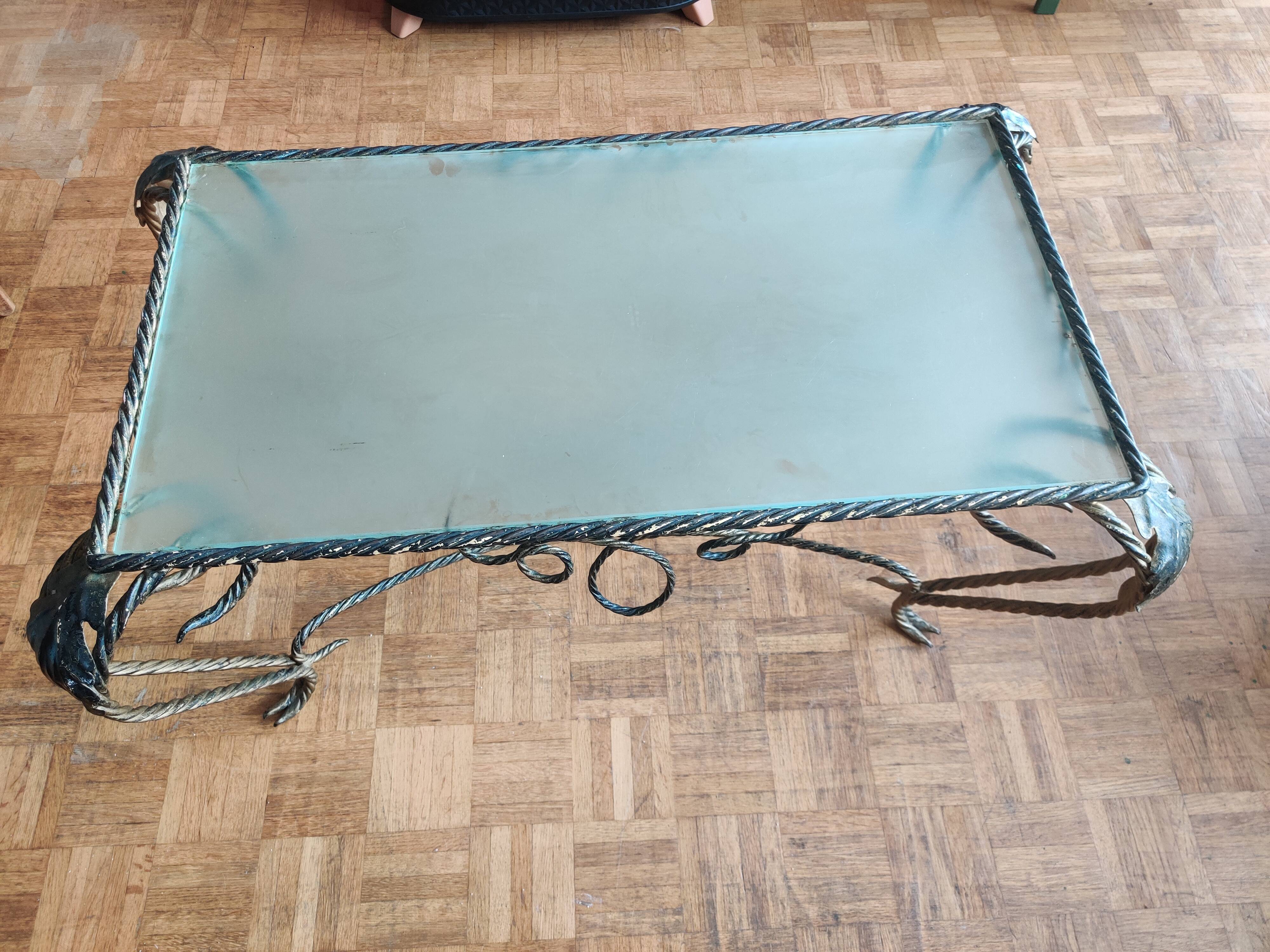 Vintage rectangular coffee table in turned wrought iron, golden patina