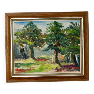 Peinture à l'huile sur toile originale suédoise du milieu du siècle " Paysage d'été " par B. Högberg