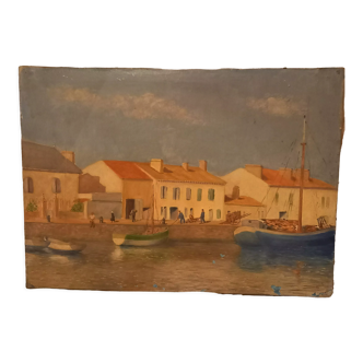 Old painting, oil on canvas, view of the port of Saint-Martin, Ile de Ré
