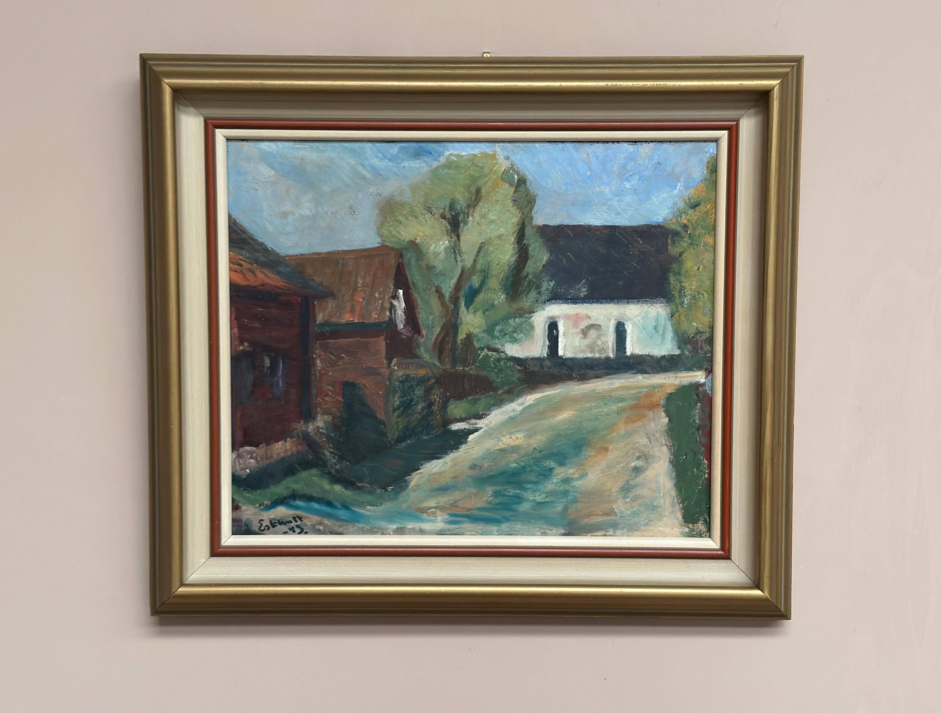 Original Mid Century Swedish Oil On Canvas – “Suburbia” By Erik Hult