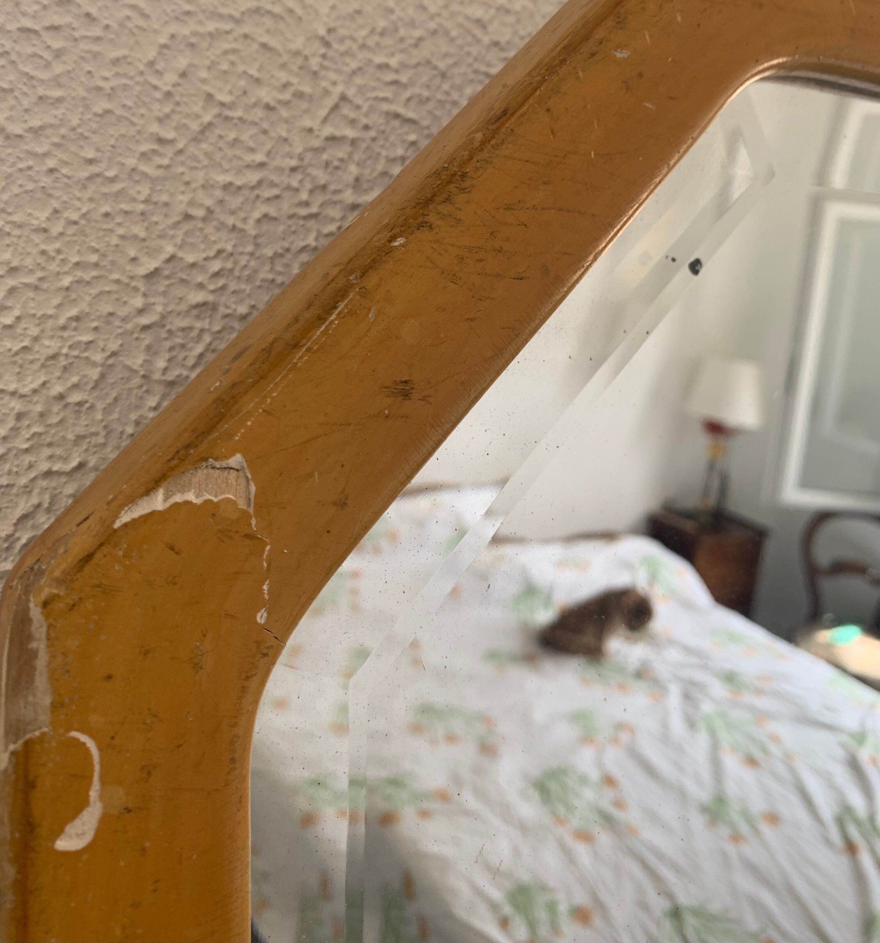 Vintage 1930s Art Deco bevelled octagonal mirror, wood and stucco - 66 x 45 cm