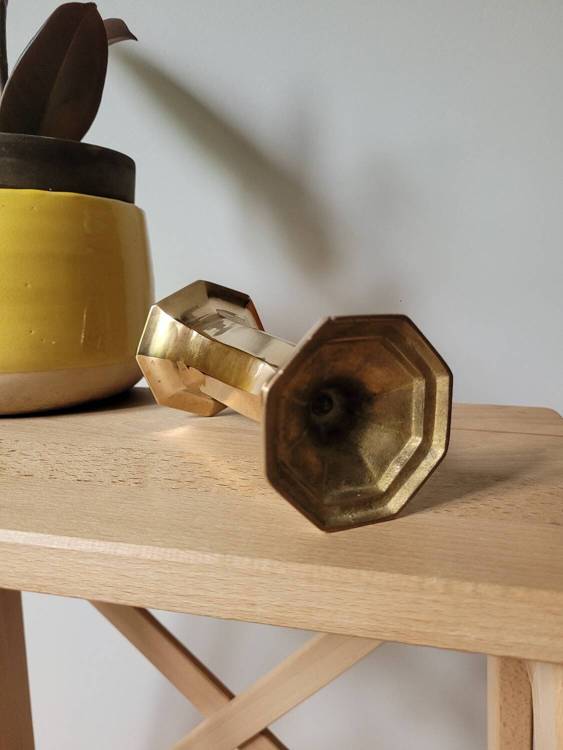 Hexagonal brass vase in trumpet shape
