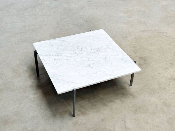 Ancienne table basse PK61 de Poul Kjaerholm EKC Danemark 1956 avec plateau en marbre de Carrare