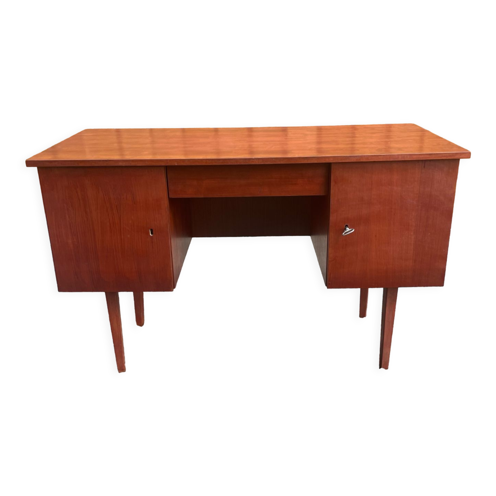 Vintage wooden desk teak veneer sixties conical legs 1 drawer