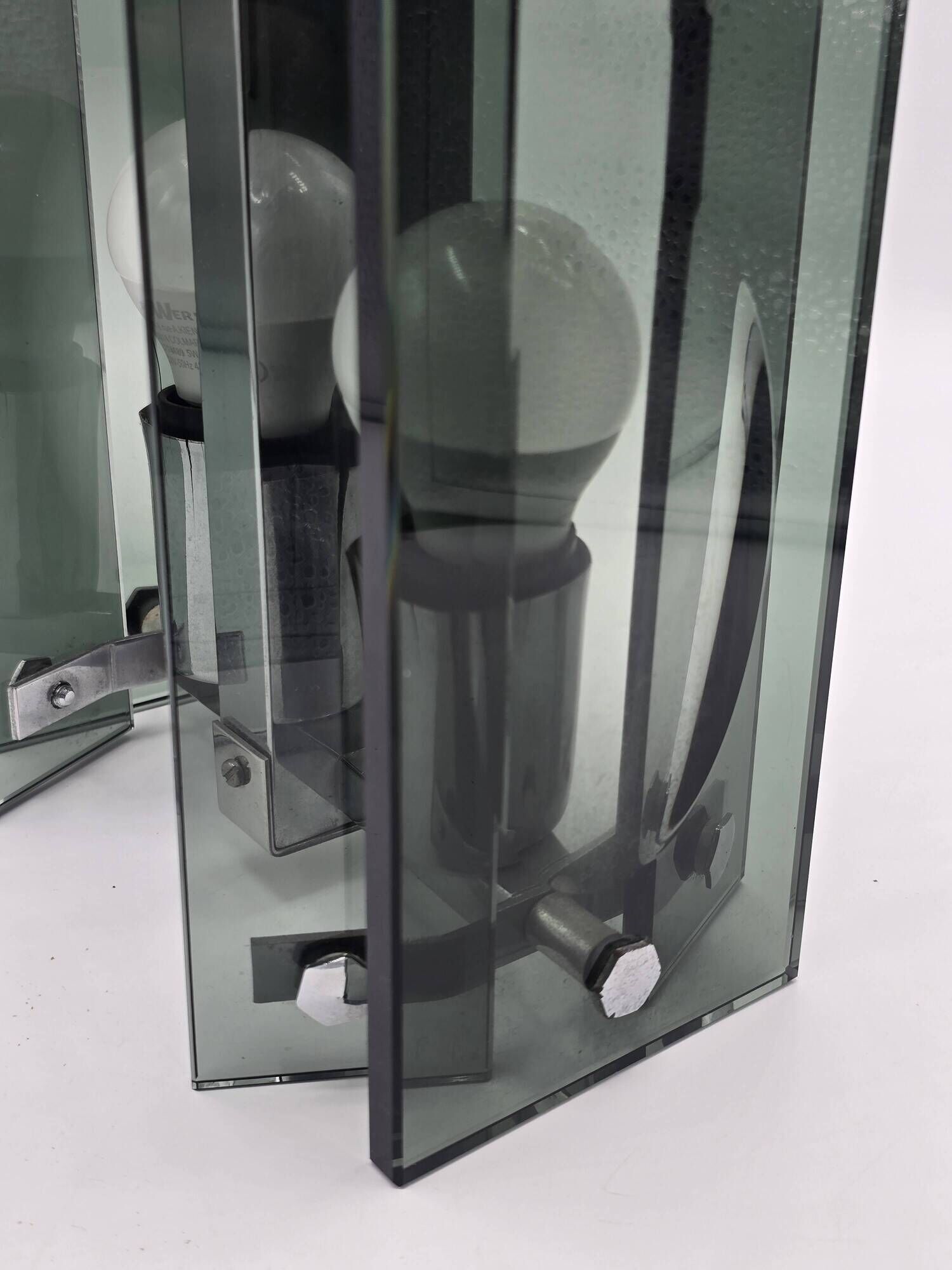 Green-grey glass and chrome metal suspension, in the style of Fontana Arte.